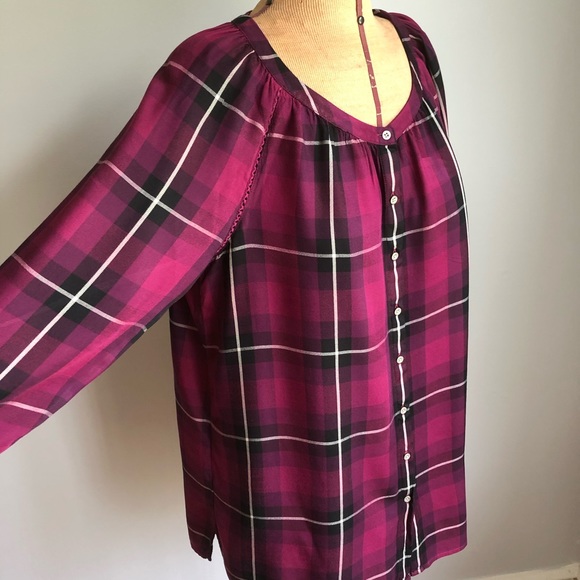 J. Jill XS Fine Rayon Twill Burgundy Plaid Blouse - Picture 2 of 12